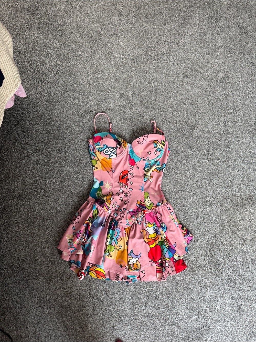 Pink Multicolor Cartoon-Print Mini Dress